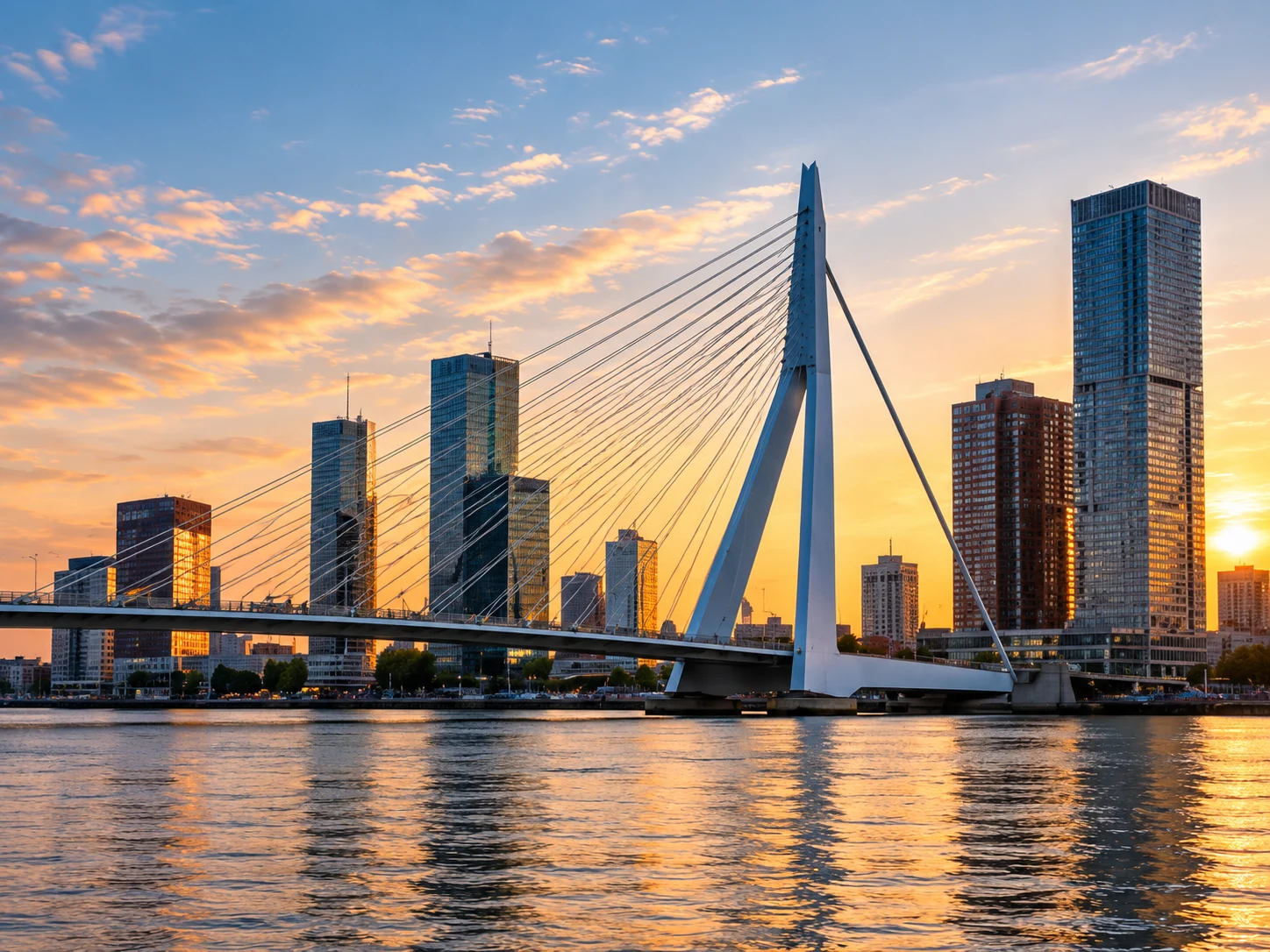 De Erasmusbrug en de skyline van Rotterdam bij avondlicht
