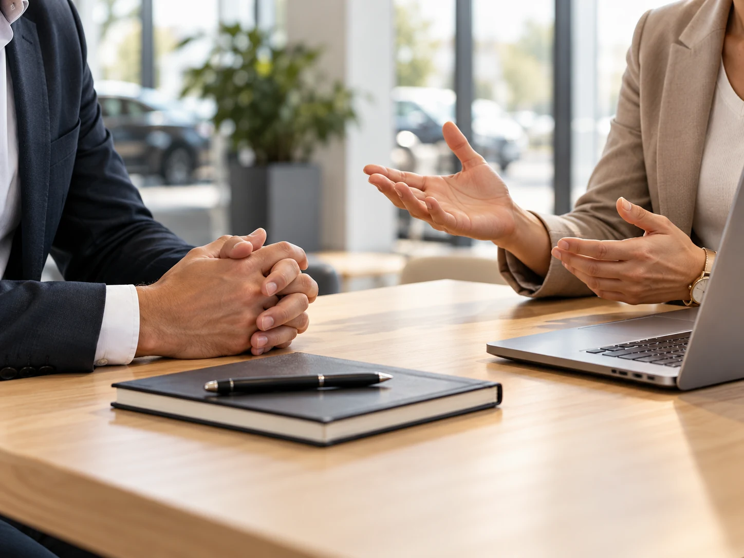 Twee ondernemers bespreken een mobiliteitsoplossing aan tafel